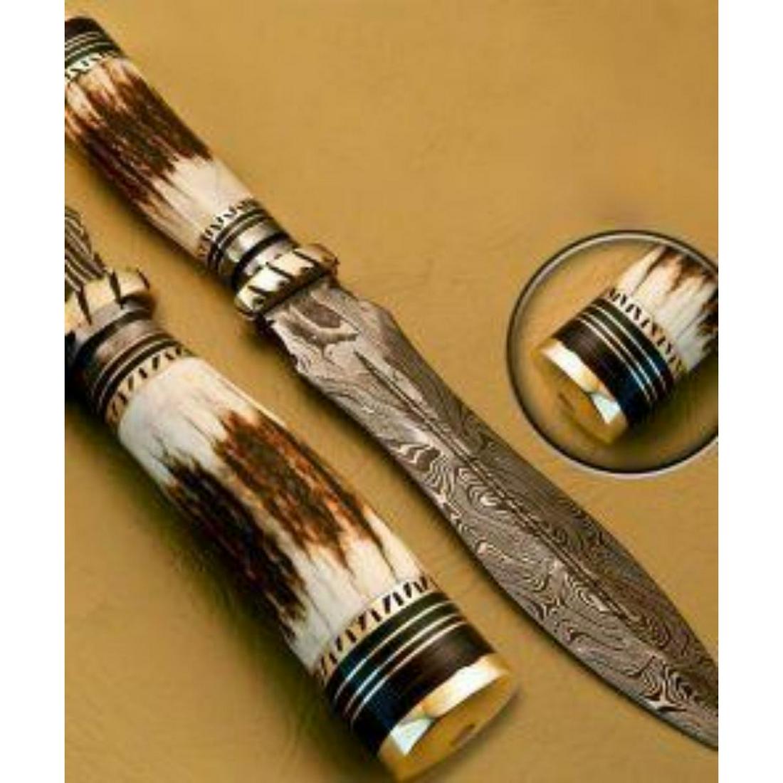 The Cursed Devil Damascus Dagger: Custom Handmade Damascus Steel Dagger Hunting Dagger Knife Handle Stag Antler with Brass Spacer Damascus Steel Blade with 256 Layers on it. HARDNESS 56-60 H R C VERY HIGH QUALITY GENUINE LEATHER SHEAT