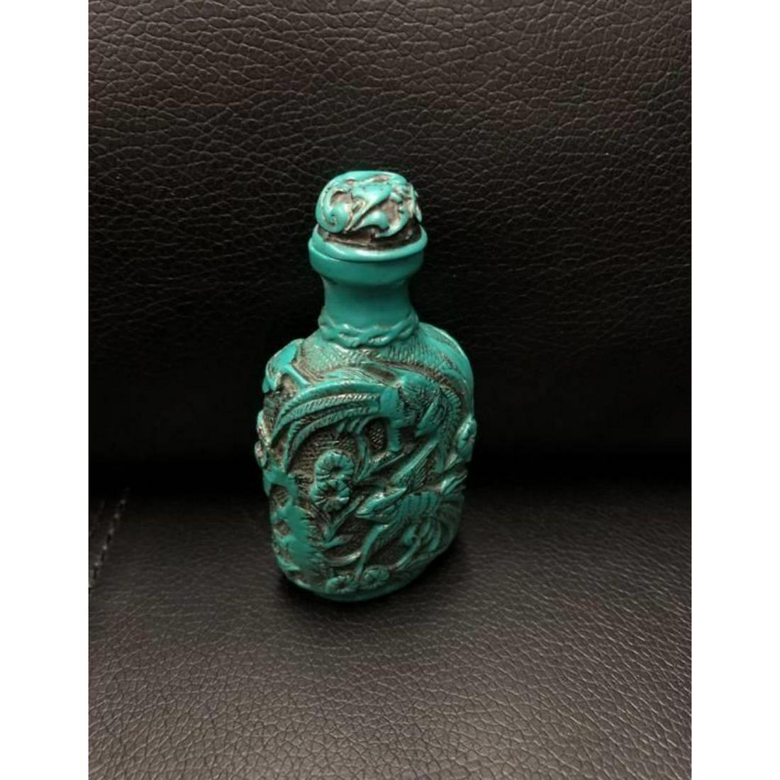 Asian Peacock Carved Turquoise Snuff Bottle (1 of 3)