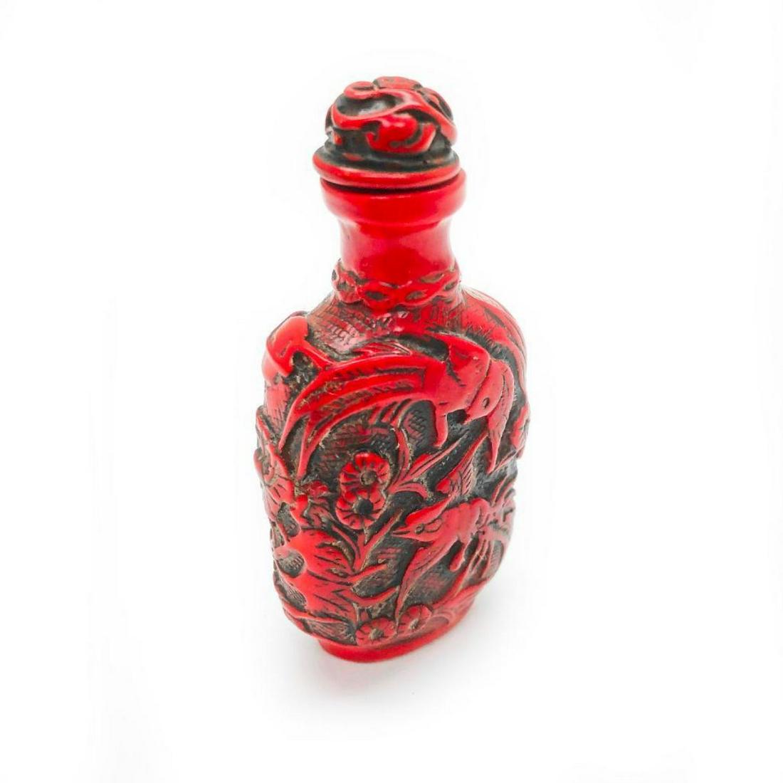 Asian Carved Cinnabar Snuff Bottle With Stopper (1 of 3)
