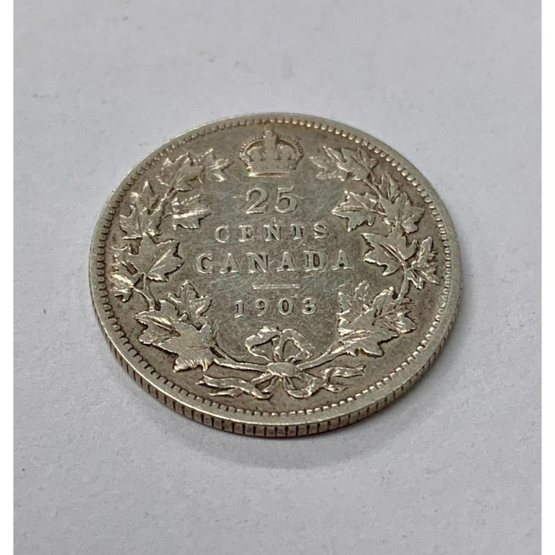 1903 Canadian 25 Cent Coin: Obverse The portrait in right profile of Edward VII is surrounded with the inscription "EDWARDVS VII DEI GRATIA REX IMPERATOR" (Edward VII, King and Emperor by the grace of God) 1902-1907: â†‘â�