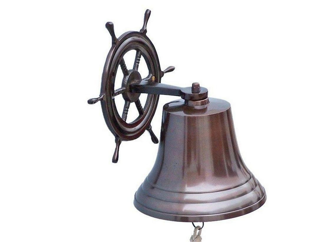 8" Antique Copper Hanging Ship Wheel Bell (1 of 4)