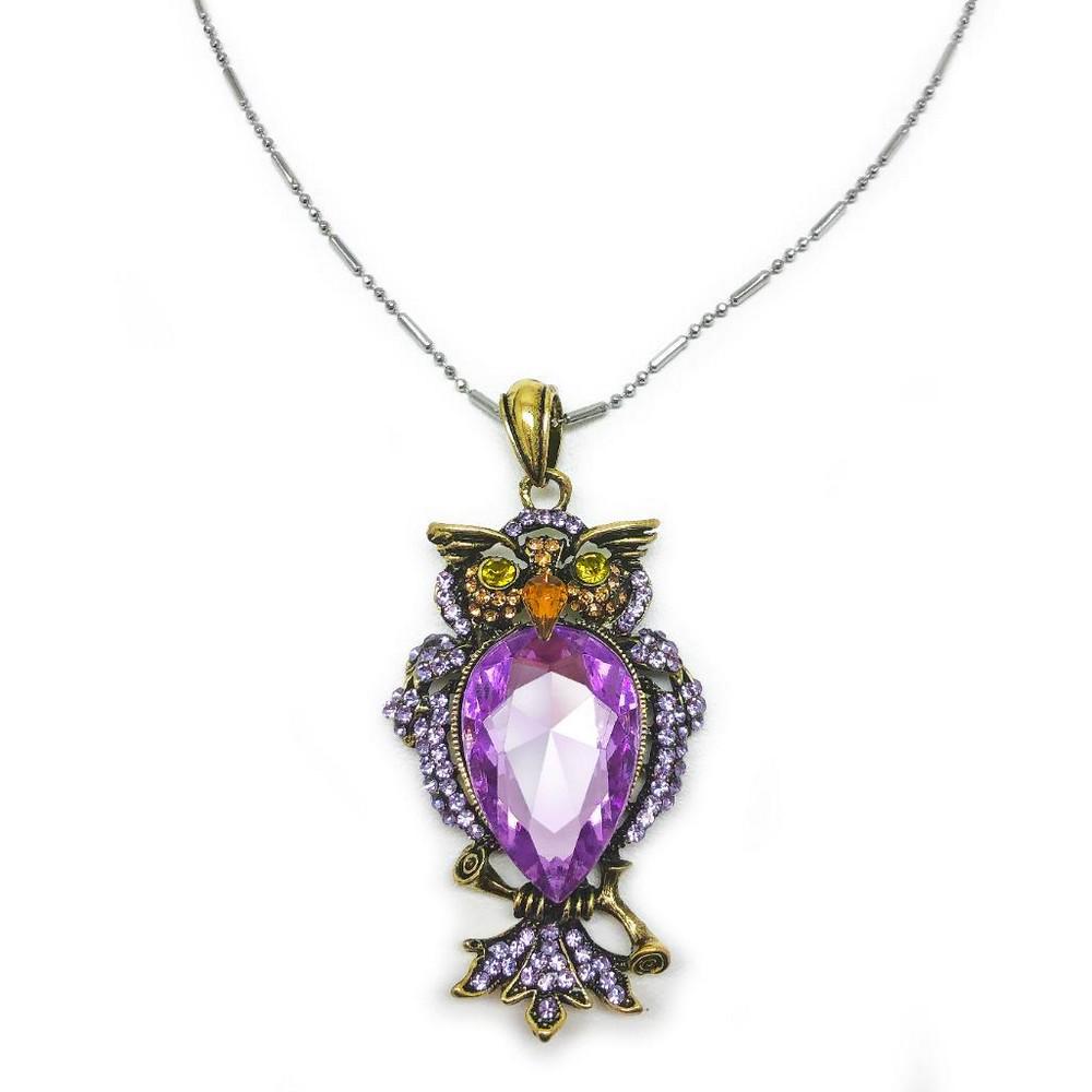 Bejeweled Purple Rhinestone Enchanted Owl Pendant: Bejeweled Purple Rhinestone Enchanted Owl Pendant Paired With Marked Necklace 925. View Photos For Further Details.