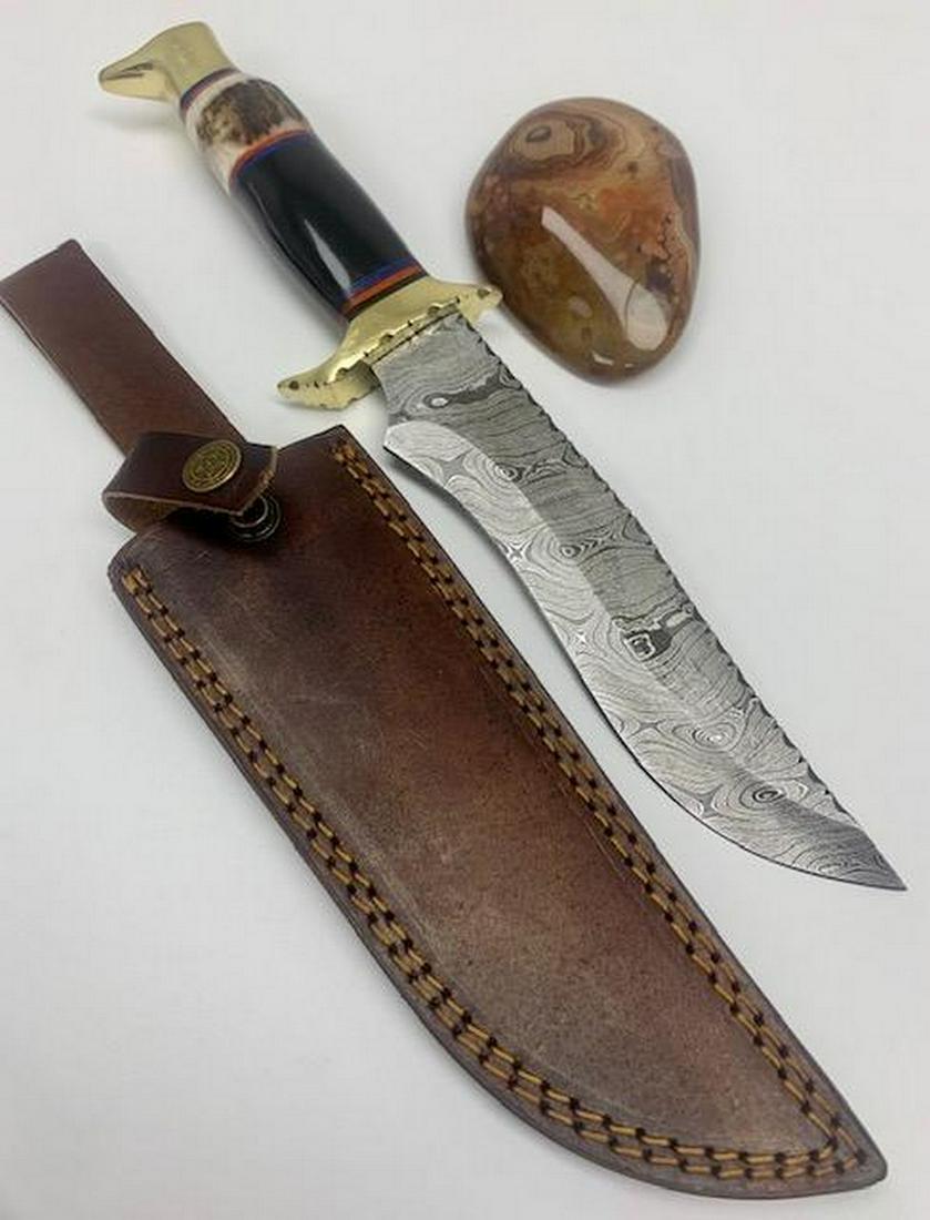 13" Inlaid Wood & Brass Handle Damascus Hunting Knife (1 of 4)