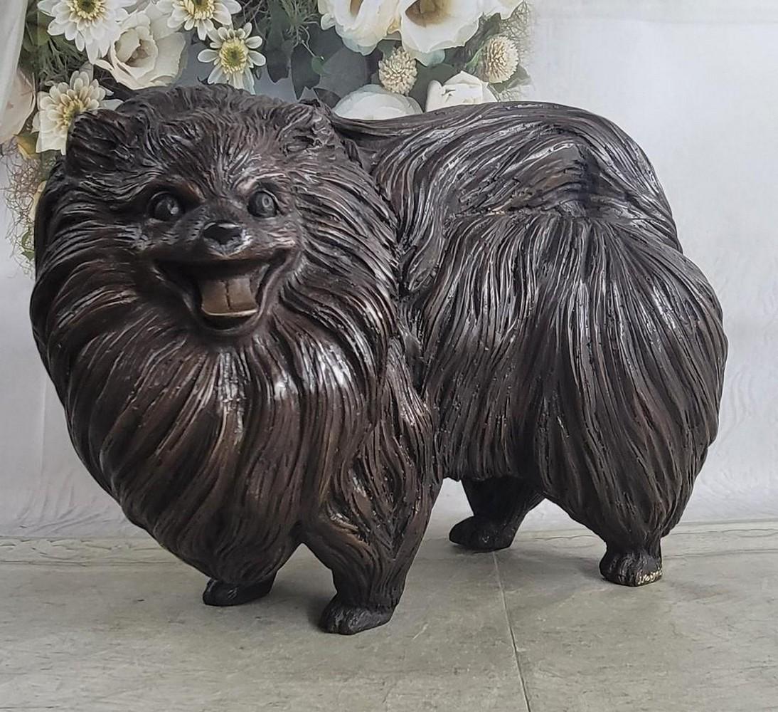 Life Size Pomeranian Dog Bronze Statue: Life Size Pomeranian Dog Bronze Statue. This cute and cuddly little Pomeranian is just begging for you to take her home. It looks as if she has just come out of the groomers with a fresh cute and per