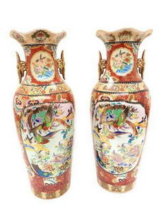 Large Pair Of Hand Painted Japanese Satsuma Vases: Large Pair Of Hand Painted Japanese Satsuma Vases. Beautiful Iron Red Floral And Peacock Decorated Vases With Gold Tone Finials. They Will Make A Lovely Addition To Any Room. Height 24", View