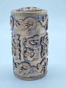 Old Silver Dragon and Phoenix Toothpick Box: Old Silver Dragon and Phoenix Toothpick Box Handmade in China, with old silver. Toothpick box decorated with Dragons and Phoenixes. Height- 7.9 cm, Width- 4.35 cm View photos for further