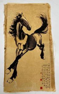 Old Chinese Scroll Print by Xu Beihong: Painted on rice paper, this enchanting piece features a lone galloping horse. Painted by Xu Beihong. Dimensions: 20 x 35 inches View photos for further details.