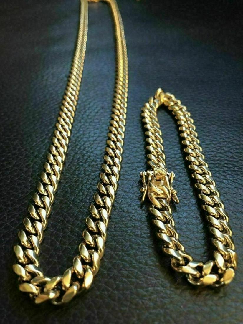 14k Gold EP 8MM Men's Cuban Miami Link Bracelet & Chain Set (1 of 4)