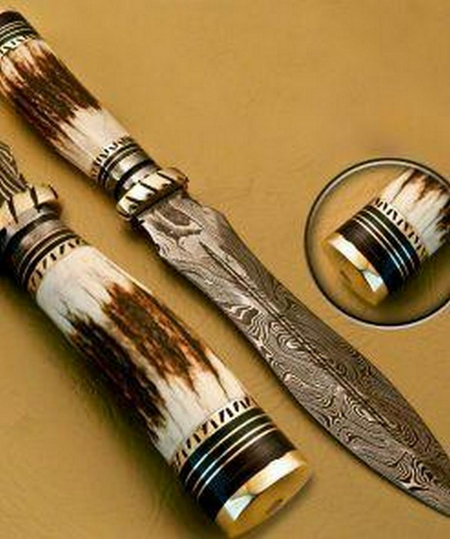The Cursed Devil Damascus Dagger: Custom Handmade Damascus Steel Dagger Hunting Dagger Knife Handle Stag Antler with Brass Spacer Damascus Steel Blade with 256 Layers on it. HARDNESS 56-60 H R C VERY HIGH QUALITY GENUINE LEATHER SHEAT