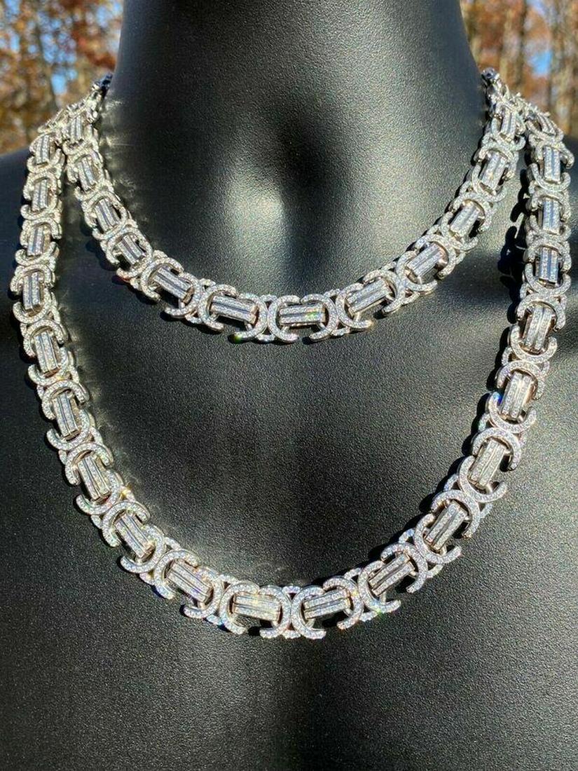Men's Custom 14mm Wide Byzantine Custom 925 Designed Encrusted Link Chain: Men's 14mm Wide Byzantine Custom Designed Link Chain. A Very Uniques Custom Designed Pattern. Fully flooded out for an iced look That Is Certain To Catch People's Eye At Any Event Or Party. Ap