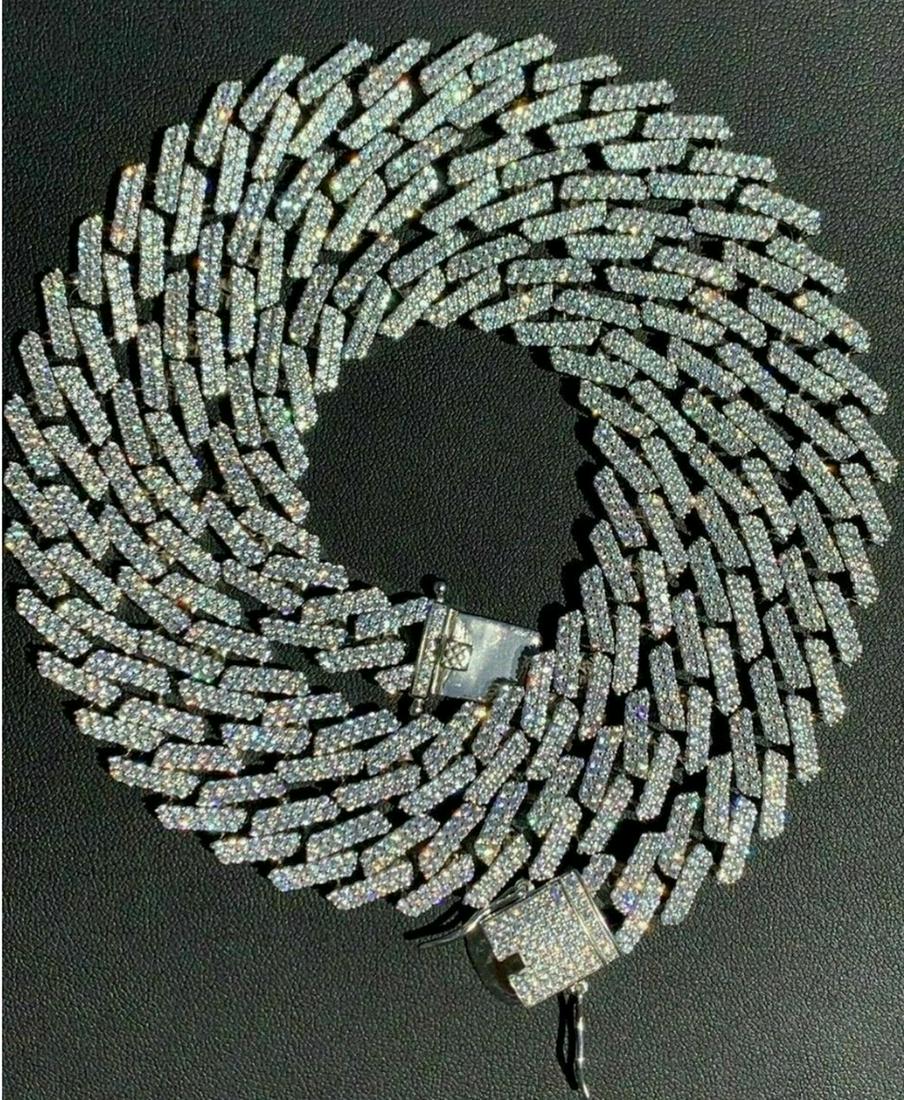 12mm Unisex Miami Cuban Prong Chain Solid 925 Sterling Silver Chain w Man Made Diamonds: 12mm Unisex Miami Cuban Prong Chain Solid 925 Sterling Silver Chain w Man Made Diamonds. 12mm wide, 22" long, Approx 120g 20-30ct Man Made Diamonds View Photos for Further Details.