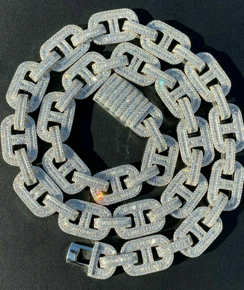 15mm Solid 925 Sterling Silver Baguette Gucci Link Icy Chain with Man Made Diamonds: 15mm Solid 925 Sterling Silver Baguette Gucci Link Icy Chain with Man Made Diamonds. 15mm wide, 22" long, Approx 145g 110-170 ct Man Made Diamonds, Solid Silver. View Photos for Further Details