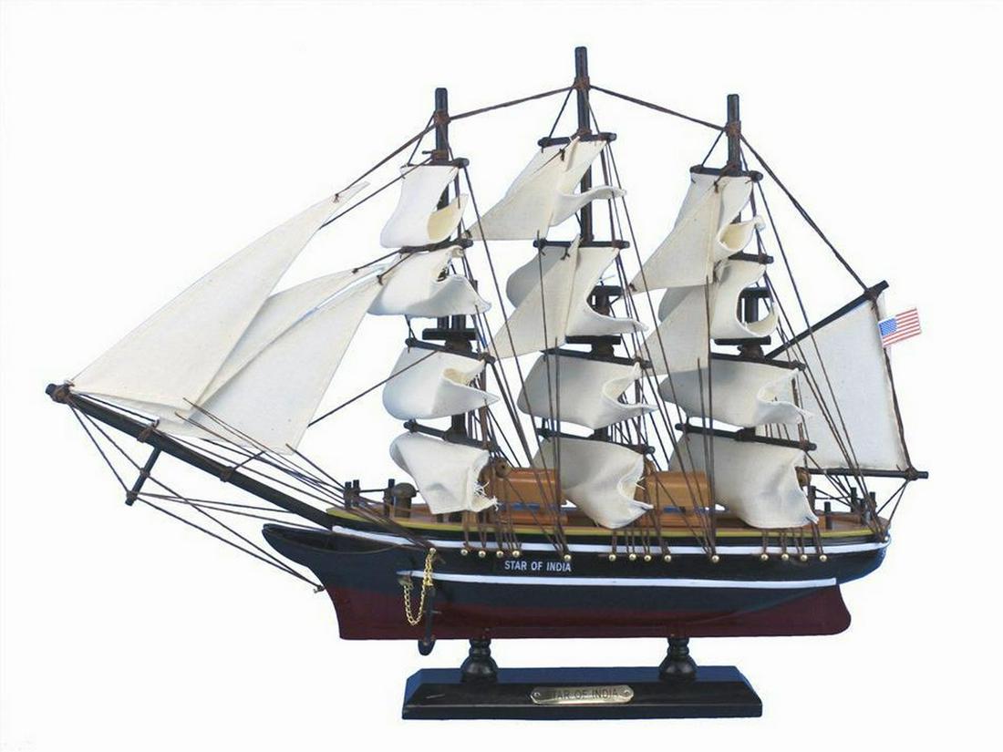 Wooden Star of India Tall Model Ship 15": Wooden Star of India Tall Model Ship 15" Recall the days of the clipper ships with these adorable tall ship models inspired by the famous clipper Star of India. Resting easily upon a shelf or