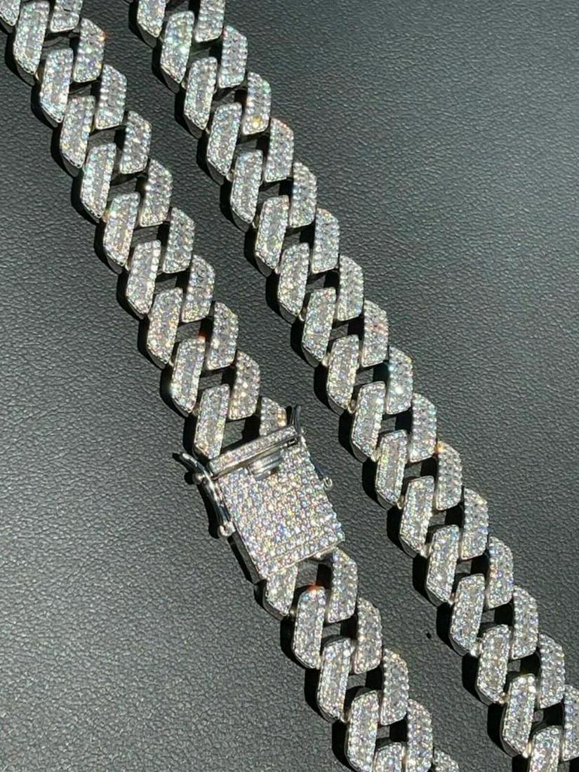 20" Solid 925 Sterling Silver 14mm Baguette Clasp Diamond Cuban Chain (1 of 5)