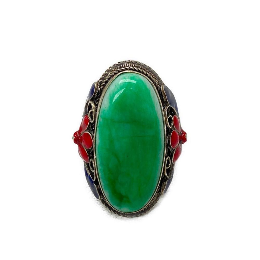 Bold And Beautiful Chinese Inlay Jade Old Tibet Silver Cloisonne Flower Ring (1 of 4)