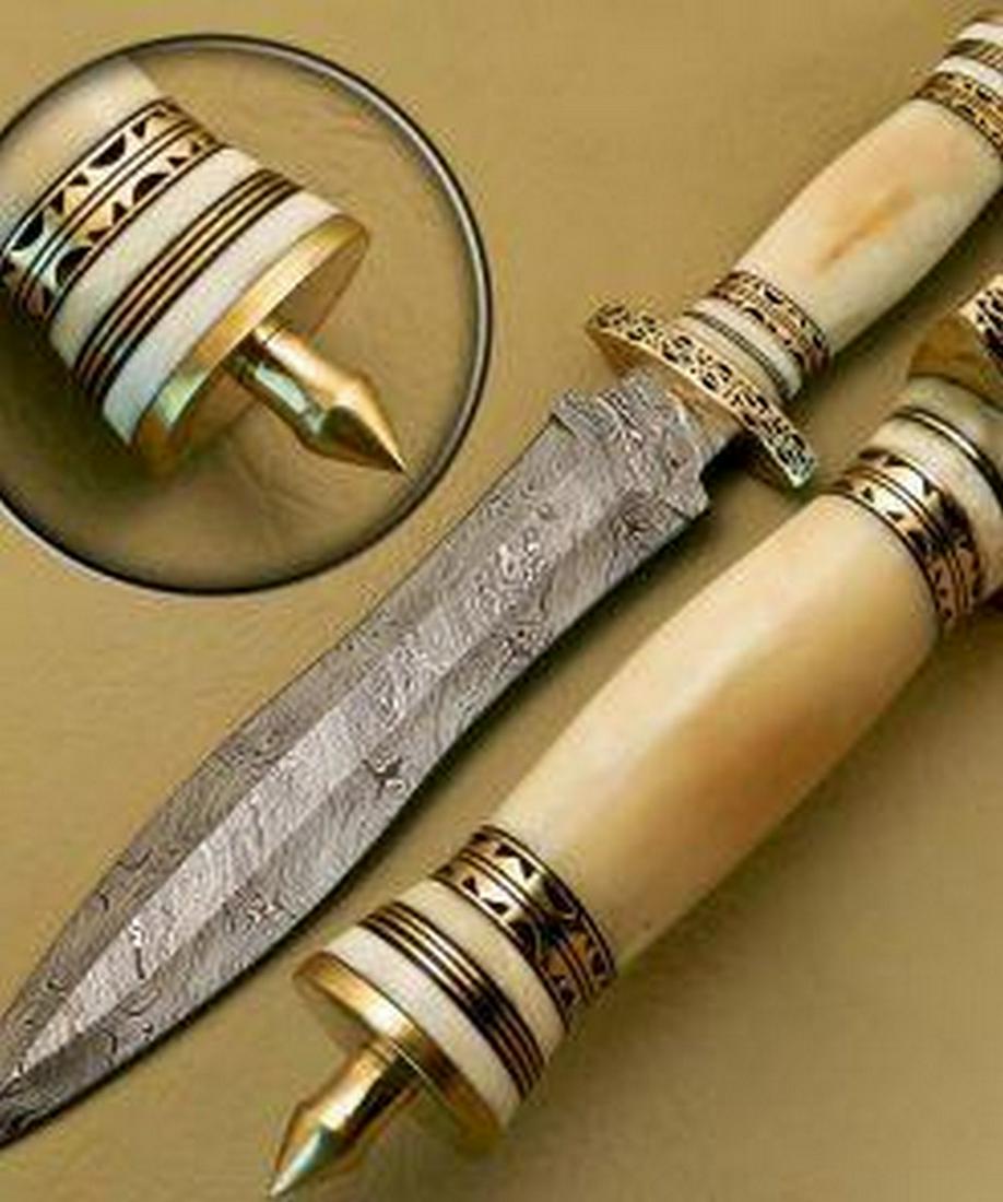 The Captains Guard Damascus Dagger: Custom Handmade Damascus Steel Dagger Hunting Dagger Knife Handle Camel Bone with Brass Spacer Damascus Steel Blade with 256 Layers on it. HARDNESS 56-60 H R C VERY HIGH QUALITY GENUINE LEATHER SHEATH