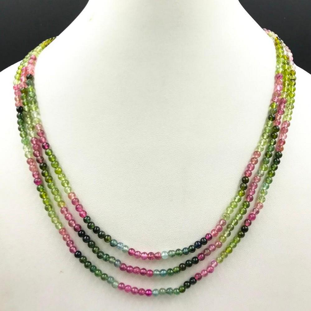 Triple Strand Multi Tourmaline Round Beaded Necklace (1 of 1)