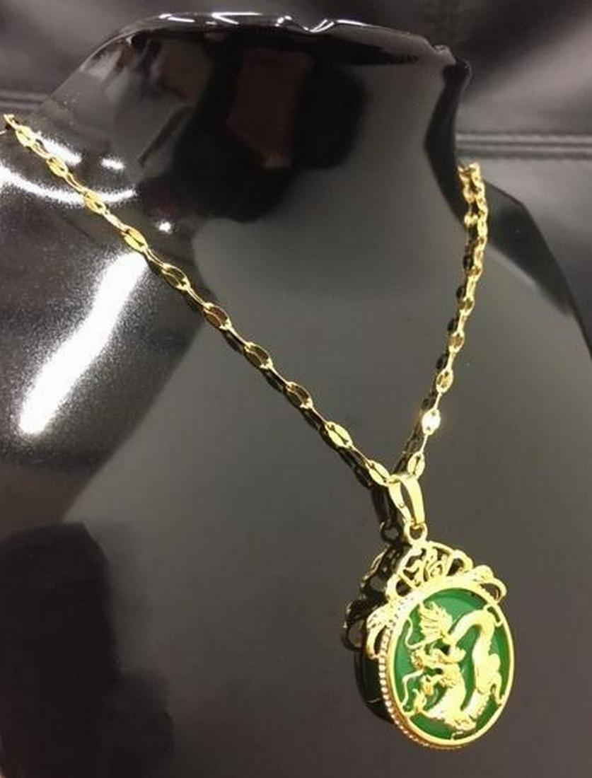Chinese Carved Green Jade In Gold Dragon Mount Necklace (1 of 2)