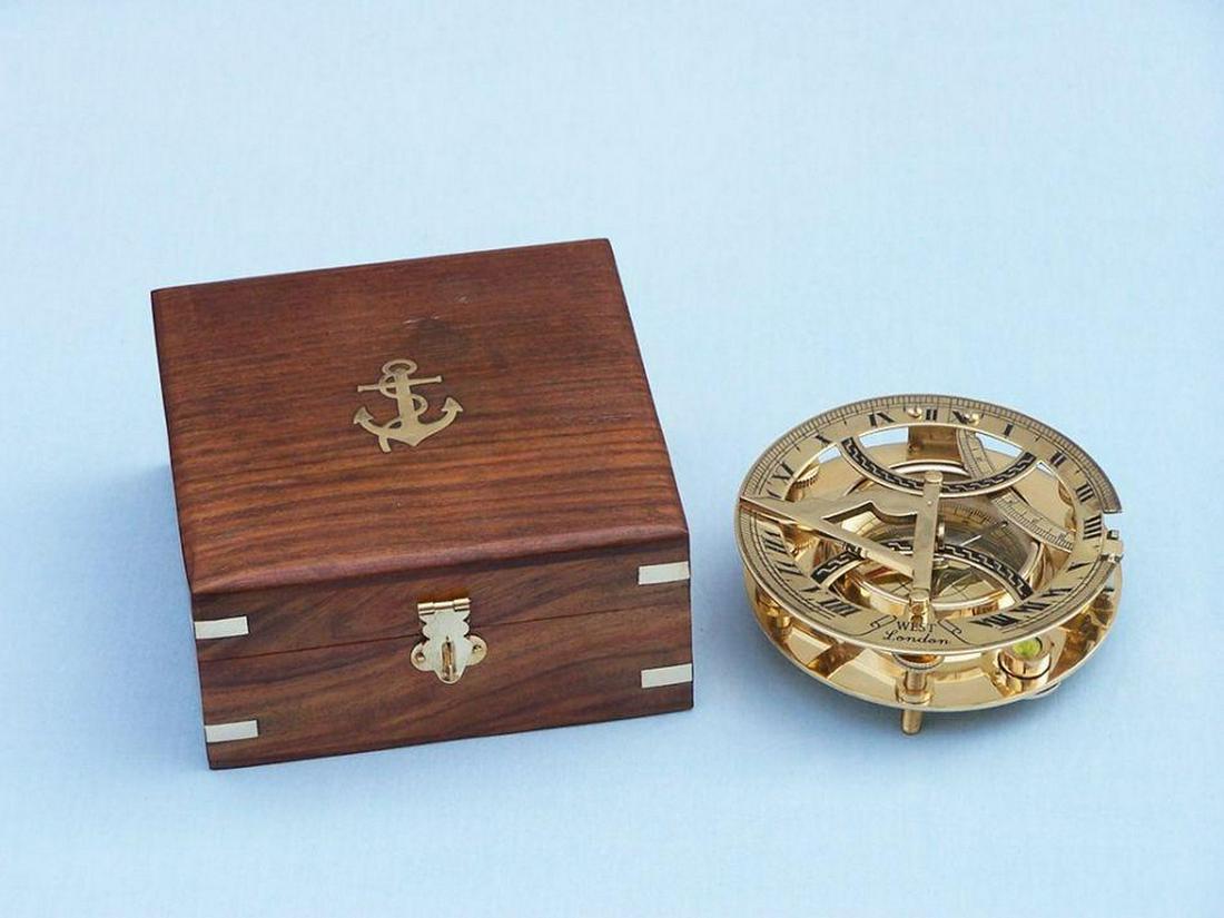 6" Solid Brass Round Sundial Compass With Rosewood Box (1 of 6)