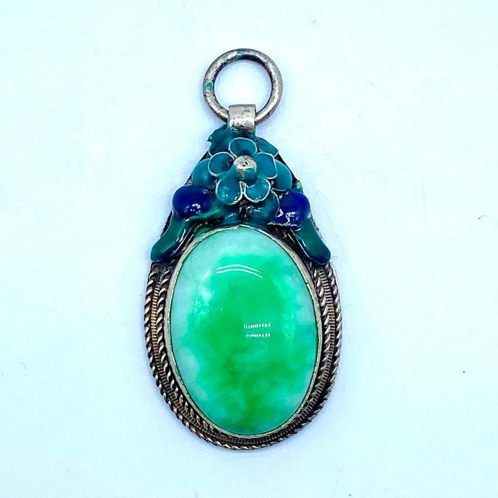 Majestic Antique Chinese Silver Enamel Mosaic jade Pendant (1 of 1)