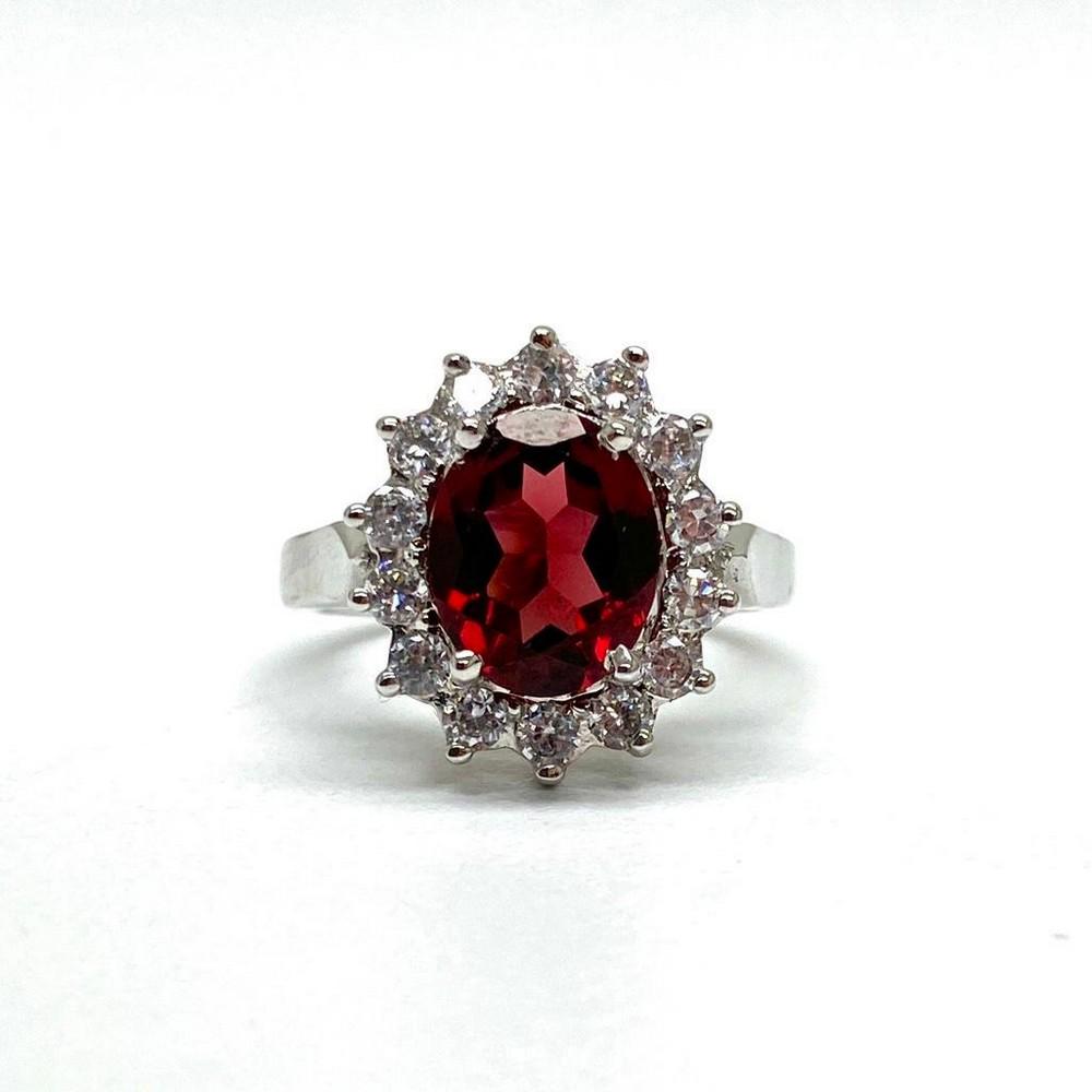 Garnet Gemstone Ring in a Halo Setting Surrounded by Austrian Crystals on a 925 Sterling Silver Band (1 of 3)
