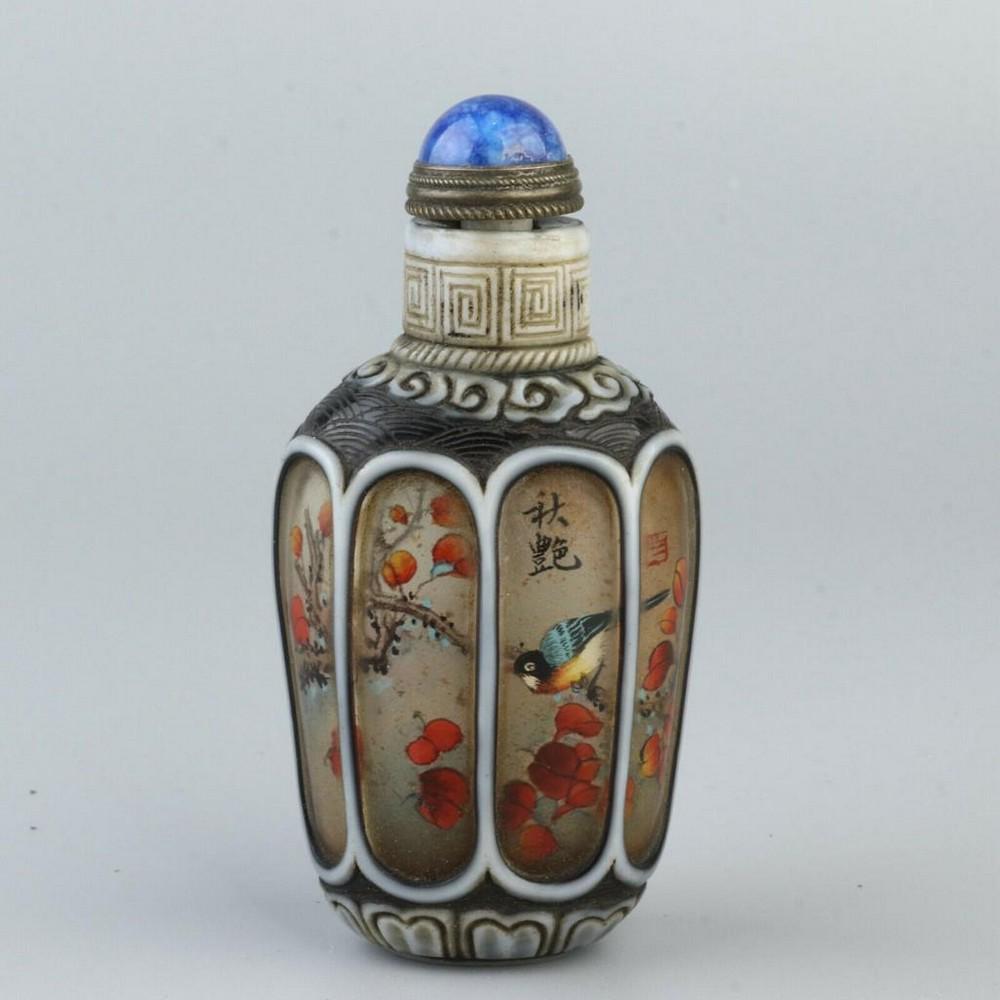 Chinese Exquisite Handmade Flower & Bird Patterned Glass Snuff Bottle (1 of 4)