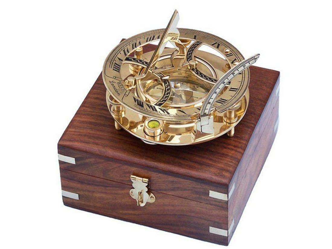 Solid Brass Round Sundial Compass w/ Rosewood Box 6": Solid Brass Round Sundial Compass w/ Rosewood Box 6" This is a beautiful nautical 6-inch solid brass round sundial compass. The top of the sundial is hinged and a curved scale is used to set your