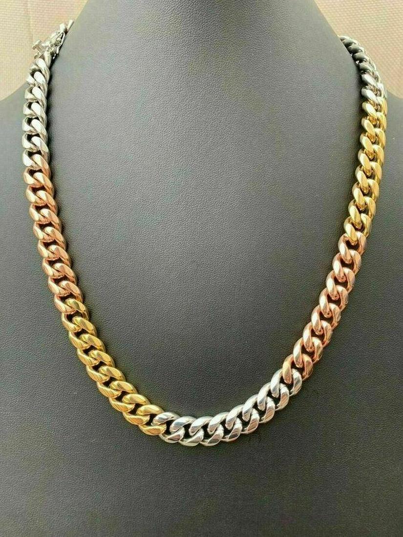Tri Color Rose, White And Yellow Gold 14K GP Miami Cuban Link Chain: Tri Color Rose, White And Yellow Gold 14K GP Miami Cuban Link Chain Grand tri colored yellow, white and rose gold plate over stainless steal Miami 12mm thick Cuban chain. Stainless steel base metal Ni