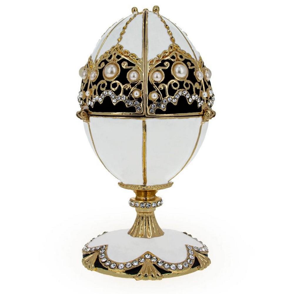 White Pearls on Black Royal Imperial Faberge Inspired Egg: White Pearls on Black Royal Imperial Faberge Inspired Egg Dimensions: 4.2 Inches Tall x 2.3 Inches Wide (Egg on a stand) View Photos For Further Details.