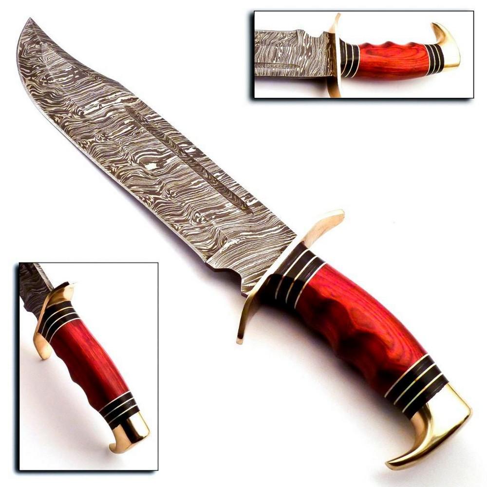 Red Ragin Brass Hilt Damascus Steel Hunting Knife With Leather Sheath (1 of 1)