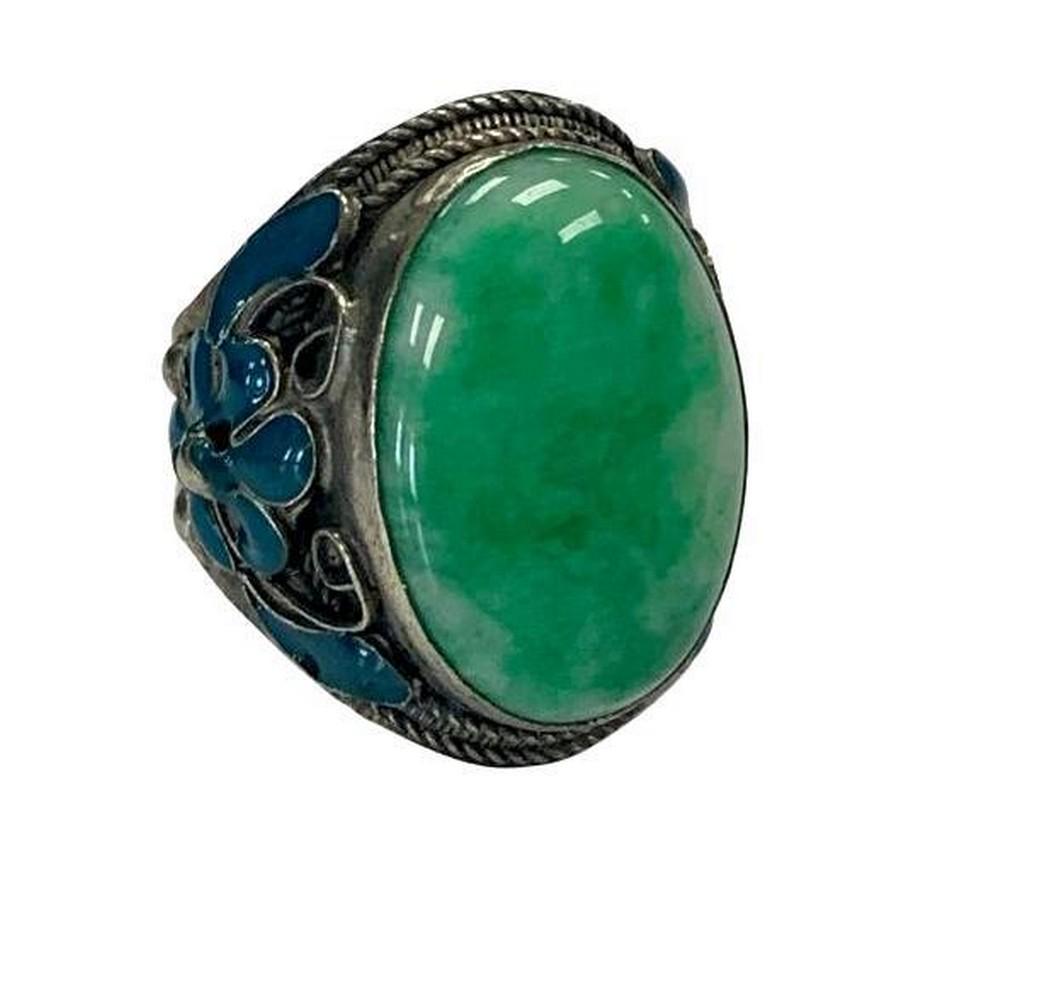 Vintage Handmade Green Jade Silver Ring Size 11 Adjustable (1 of 2)