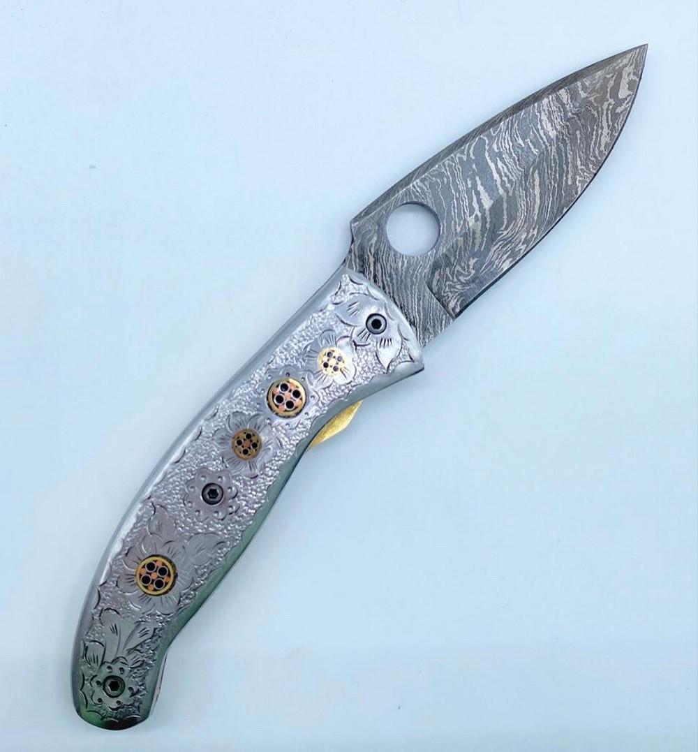 Custom Handmade Floral Damascus Folding Knife (1 of 6)