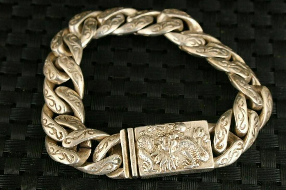 Hand Crafted Chinese Tibetan Silver Dragon Emblem Chain Bracelet (1 of 5)