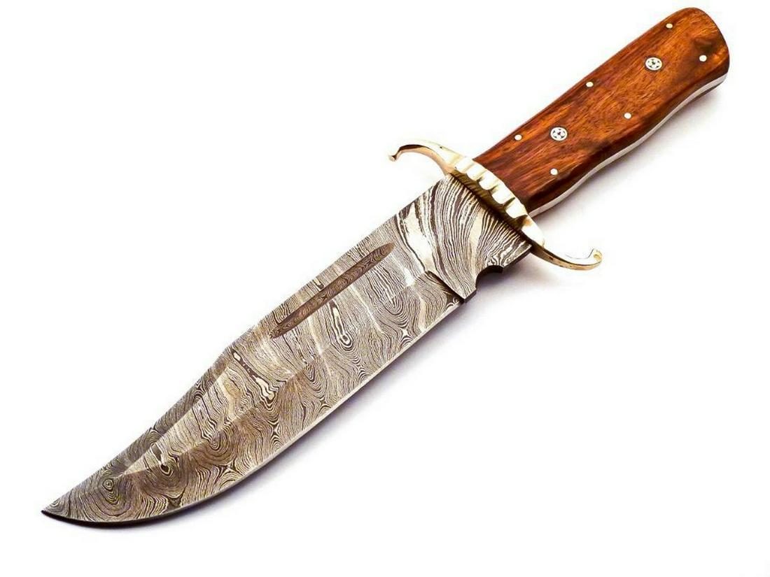 Brass "S Guard" Wood Handled Damascus Bowie Hunting Knife (1 of 1)