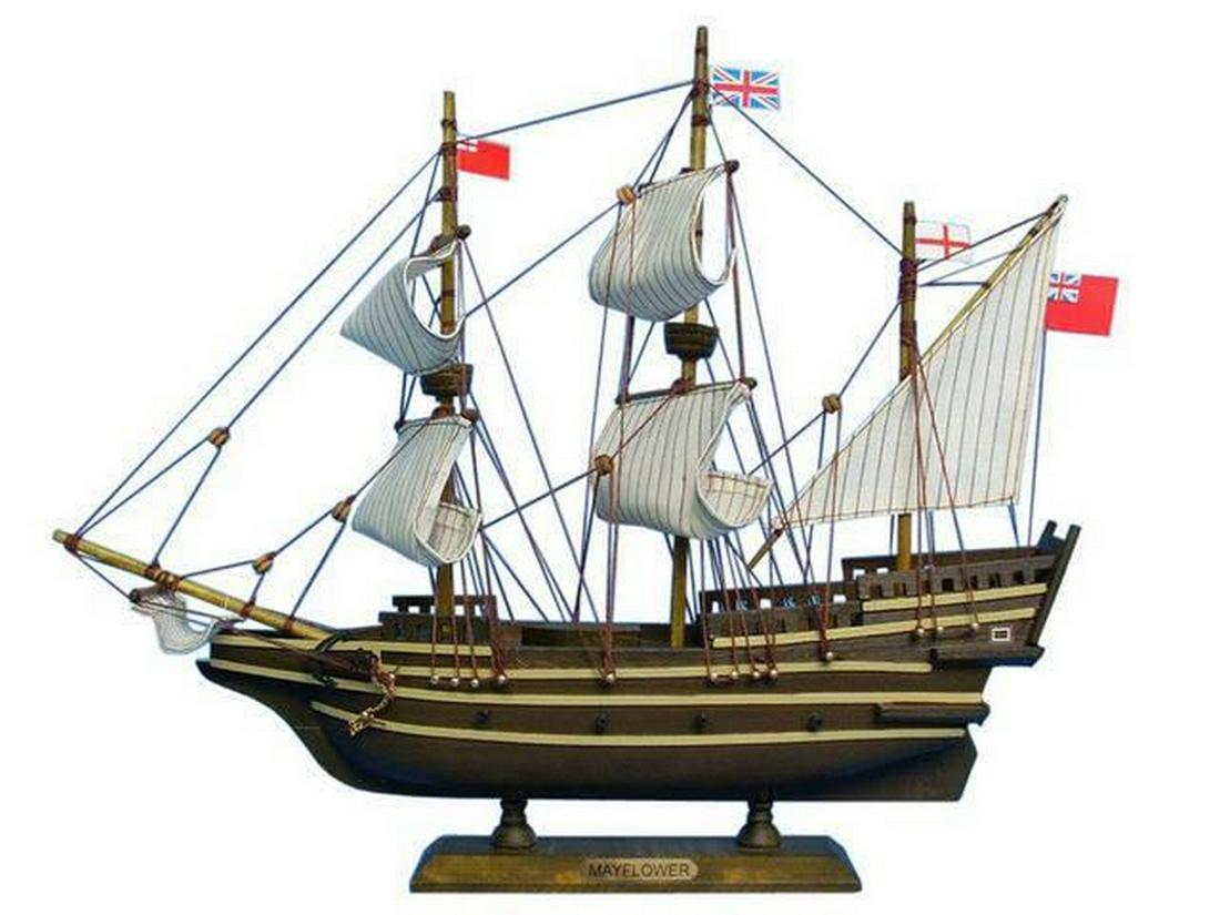 Wooden Mayflower Tall Model Ship 14": Wooden Mayflower Tall Model Ship 14" This lovely tall ship model, inspired by the renowned cargo ship that carried the early Pilgrim settlers to Plymouth Rock in New England, sits comfortably on a