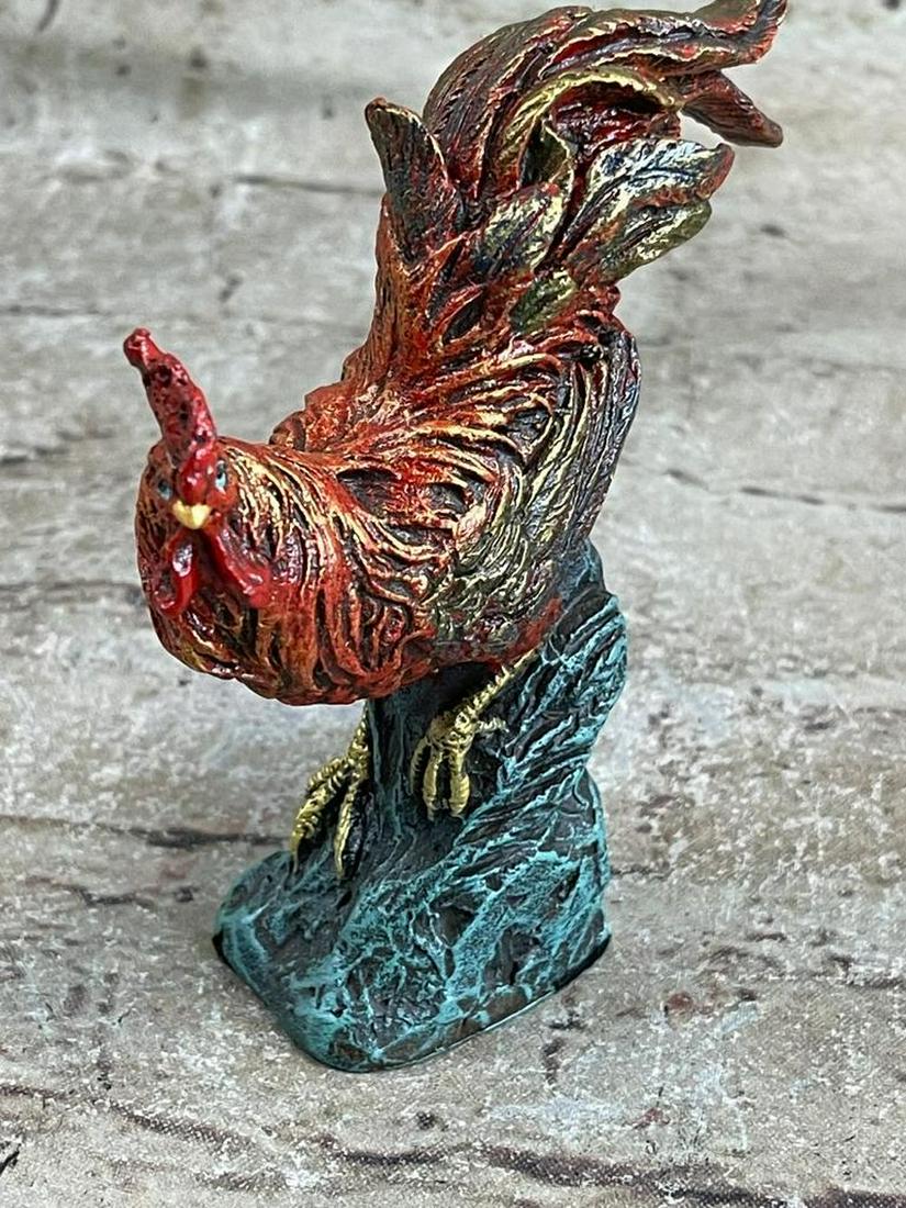 Bergman Inspired Colorful Crowing Rooster Bronze Sculpture - 4" x 3.5" (1 of 6)