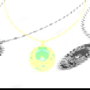Chinese Green Jade Dragon And Phoenix Paired With An 18 Karat Gold Plated Necklace: Chinese Green Jade Dragon And Phoenix Paired With An 18 Karat Gold Plated Necklace. View Photos For Further Details.