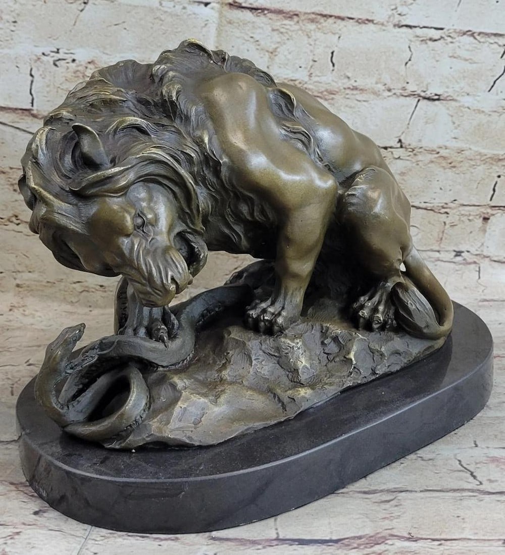Barye Inspired Lion Versus Snake Bronze Sculpture - 9" x 11" (1 of 6)
