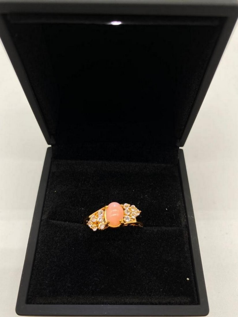 Dazzling Split Setting Coral Stone and Swarovski Crystal, 18KTGE Yellow Gold Ring (1 of 2)