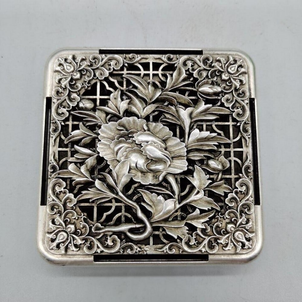 Asian Tibetan Silver Copper Handmade Flower Inkstone Box Wash Ink Pad Box (1 of 4)