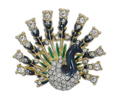 Peacock with Austrian Crystals Enamel Brooch Pin: Peacock with Austrian Crystals Enamel Brooch Pin. The brooch is an absolute sparkling beauty with colored crystals all over. This royal looking brooch could serve as a beautiful gift for friends and