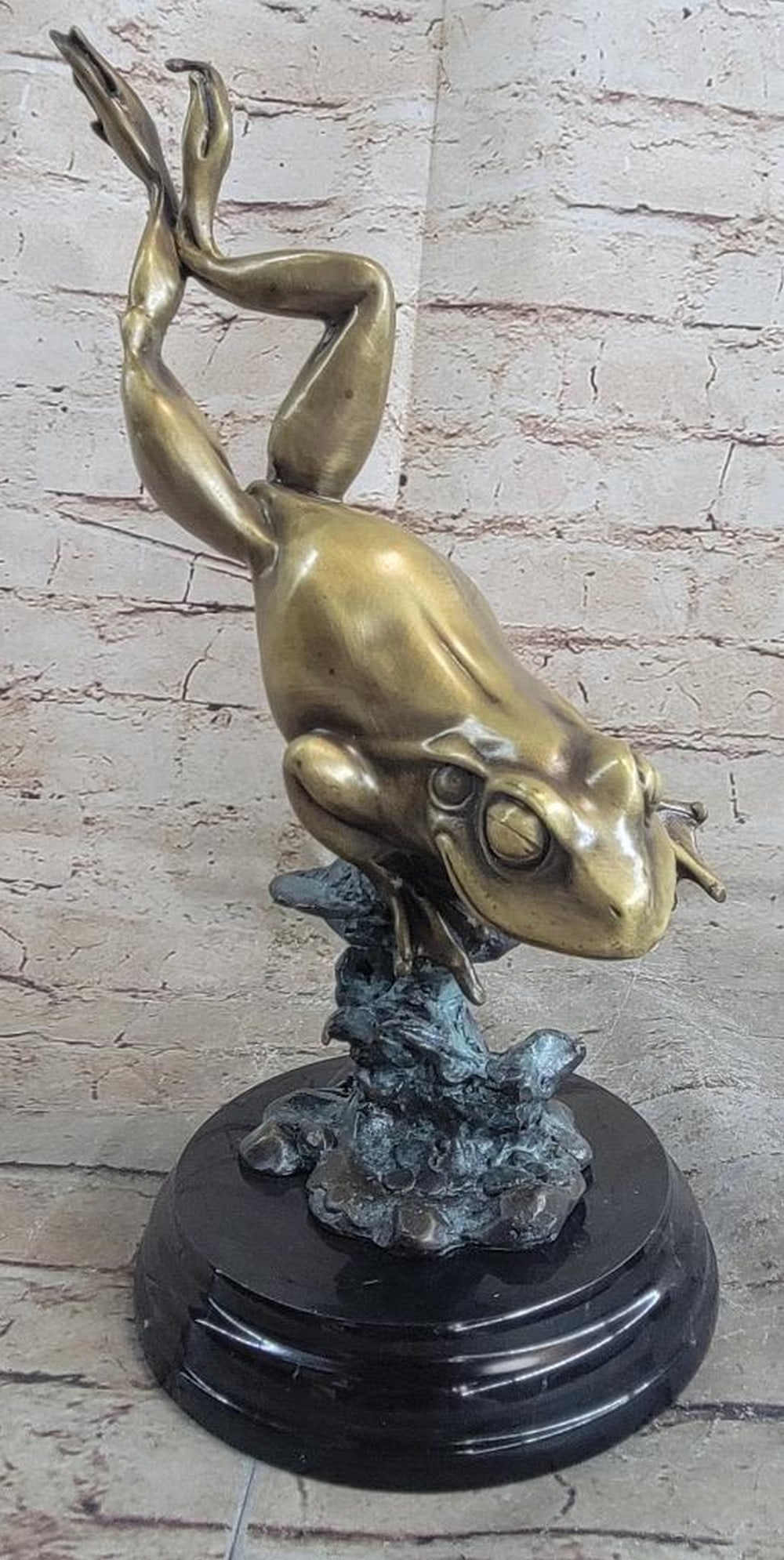 Original Golden Patina Leaping Frog Bronze Sculpture On Marble Base - 13" x 11" (1 of 6)
