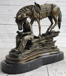 Cowboy Reading a Book with Horse Bronze Metal Western Sculpture Statue Remington Decor 11" x 13": This exquisite bronze sculpture pays a heartfelt homage to the legendary Western artist, Frederic Remington, whose renowned works have captivated art enthusiasts and collectors worldwide. It beautiful