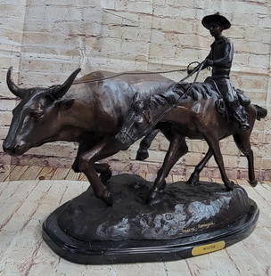 BOLTER Frederic Remington Western Bronze Statue Sculpture Cattle Drive 18" x 17": This bronze is handmade and cast in the traditional Lost Wax Casting Process. This is a multi step process that insures a quality bronze sculpture that may be passed down from generation to generation