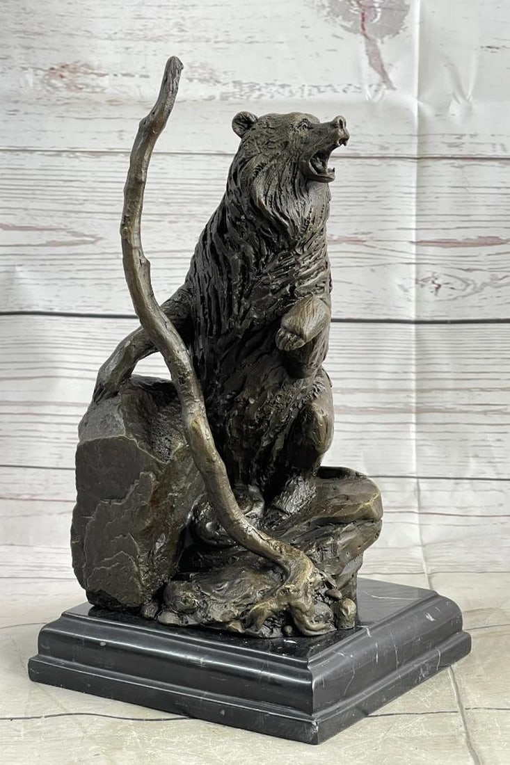 Signed Original Bear Roaring On Boulder Bronze Sculpture On Marble Base - 10" x 5.5" (1 of 6)