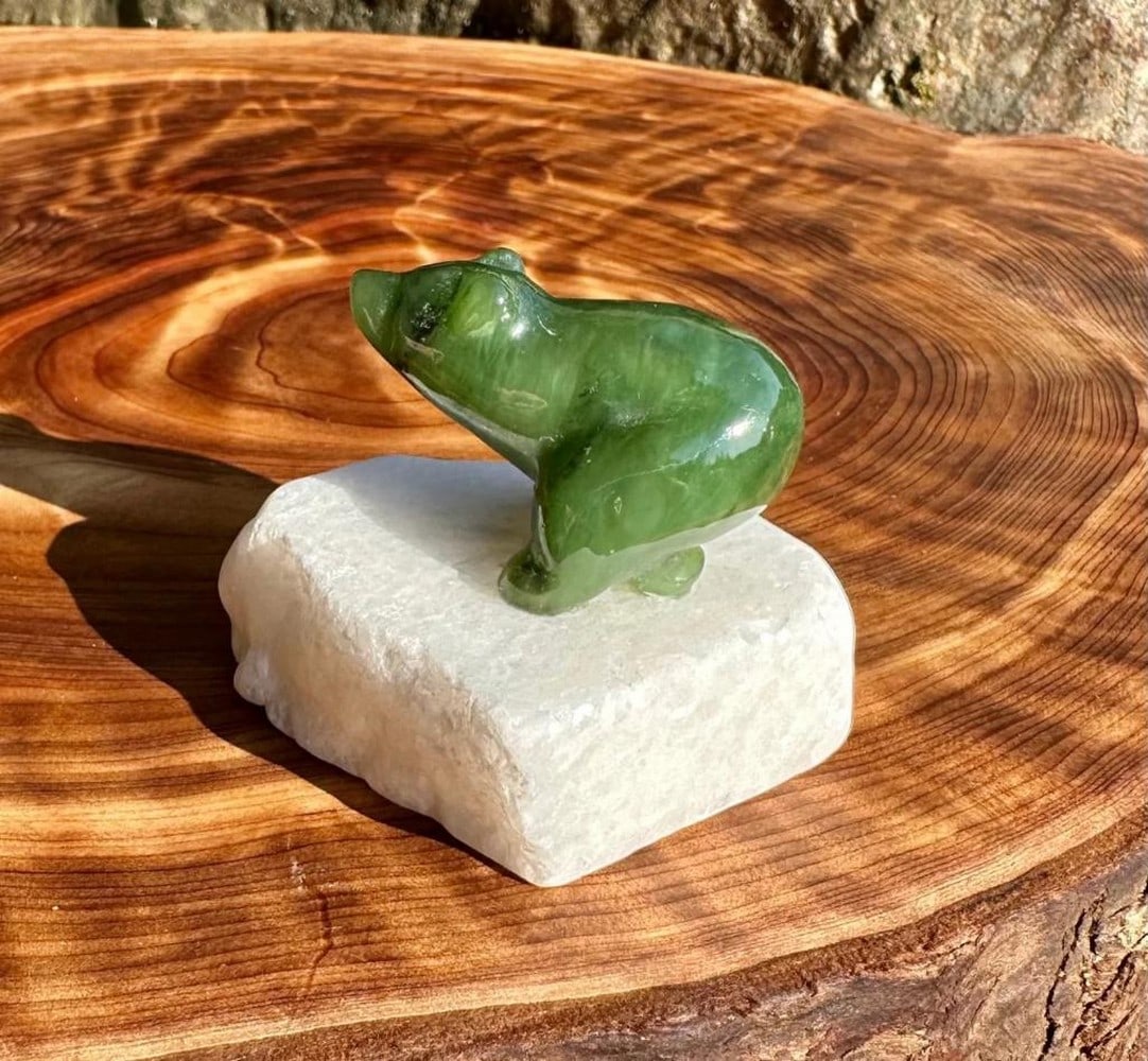 Canadian Nephrite Jade Running Bear Figure On Quartz Base (1 of 3)