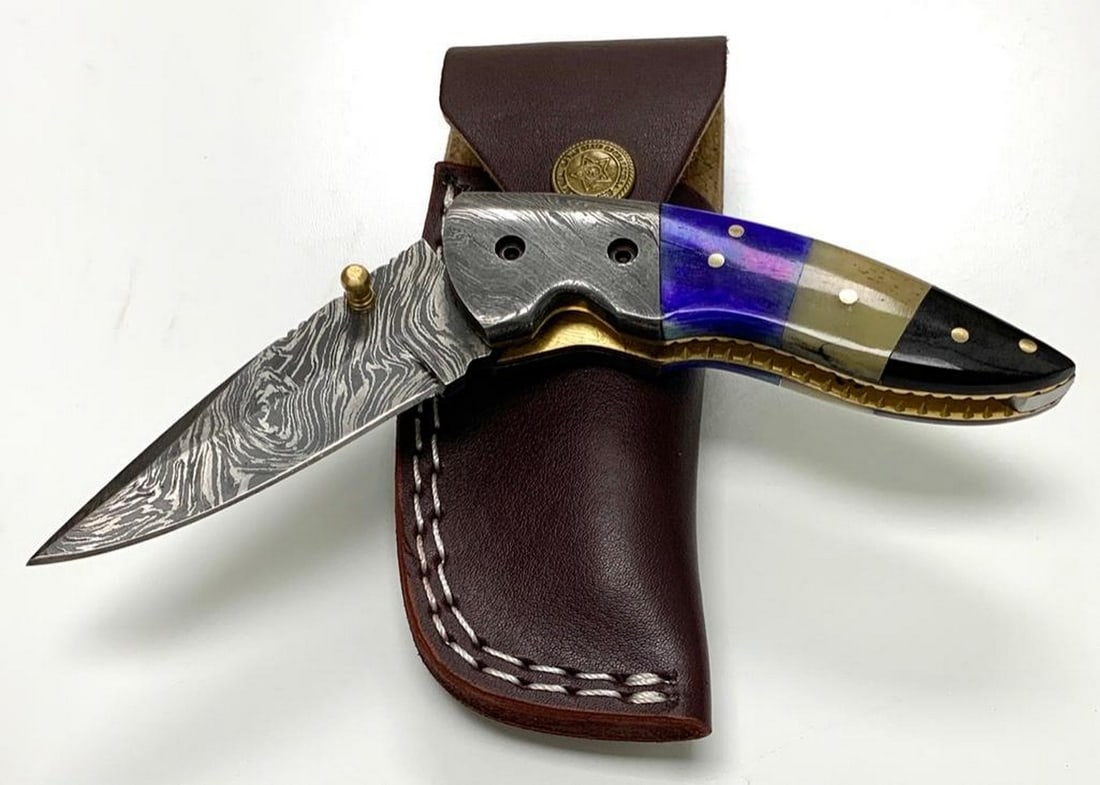 The Creator's Inlaid Riveted Damascus Flip Knife With Leather Sheath (1 of 5)