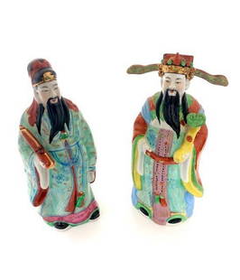 Stamped Famille Rose Porcelain Figures Of Fu Xing & Lu Xing: Stamped Famille Rose Porcelain Figures Of Fu Xing & Lu Xing. Fu Xing Is The Chinese God Of Good Fortune And Lu Xing Is The Chinese God Of Prosperity. In Great Condition, Height Of Both 12",