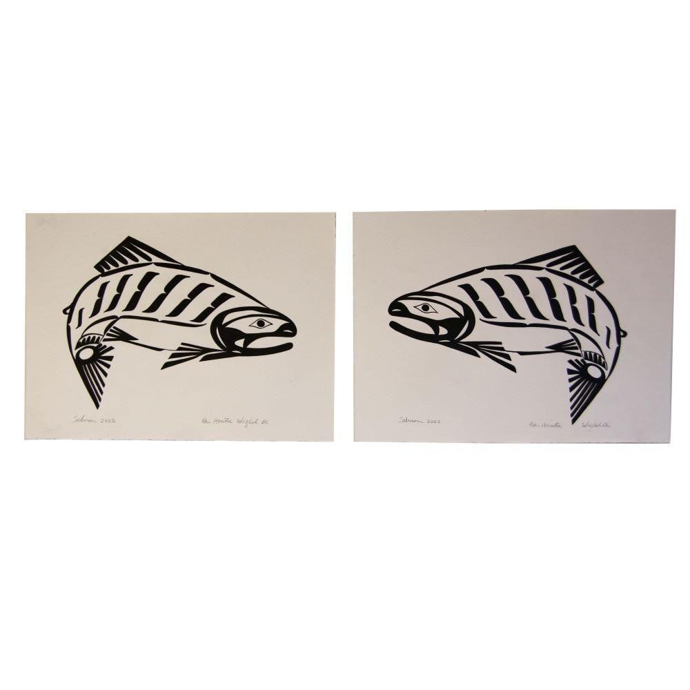 15" x 11" Original Pair Of Black Salmon Paintings by Ben Houstie: 15" x 11" Original Pair Of Black Salmon Paintings by Ben Houstie Artist: Ben Houstie Cultural Background: Heiltsuk, Bella Bella, BC (Waglisla) Heiltsuk artist Ben Houstie was born in Bella Bel