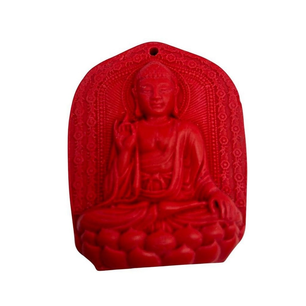 Natural Red Resting Buddha Cinnabar Medallion: Natural Red Resting Buddha Cinnabar Medallion This medallion features a beautiful and intricately carved resting Buddha design on a cinnabar stone, showcasing the rich red color that is characteristi